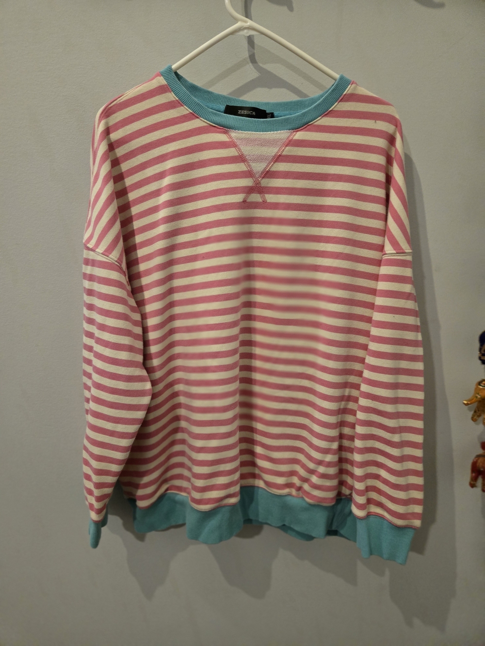 Striped Pink & White Crewneck Sweatshirt with Teal Trim